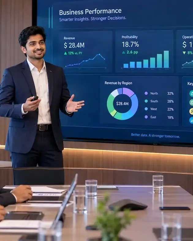 Finance professional presenting a business performance dashboard