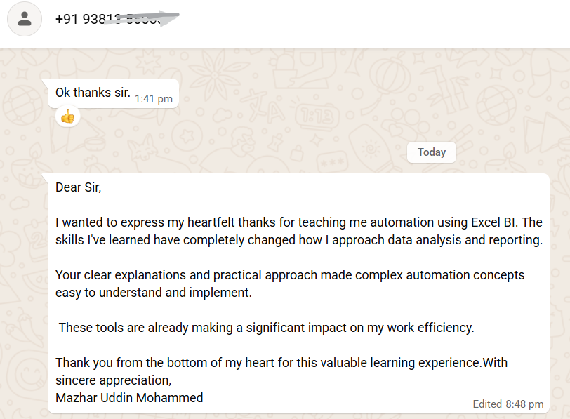 WhatsApp feedback from Mazhar